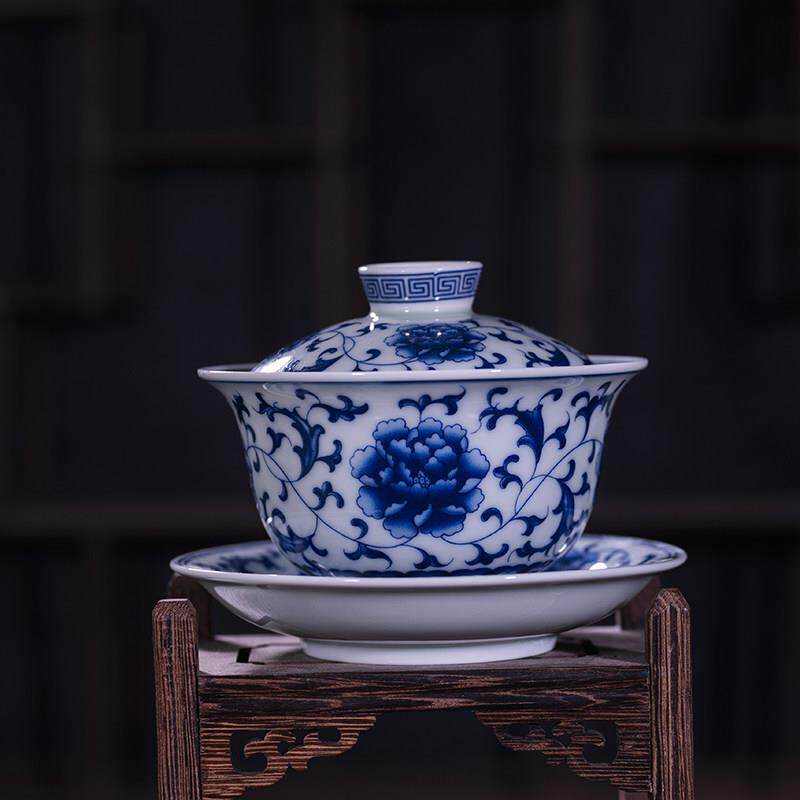 盖碗陶瓷茶具青花瓷釉下彩功夫茶具茶碗三才盖碗单碗泡茶茶杯中式