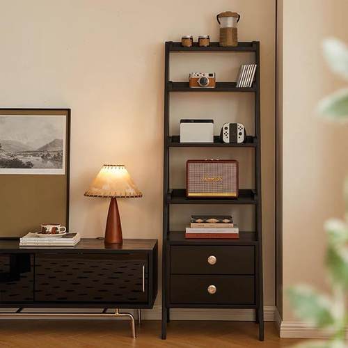 实杨木书架黄木多层落置物地架中古展示架客厅书小户型实木柜