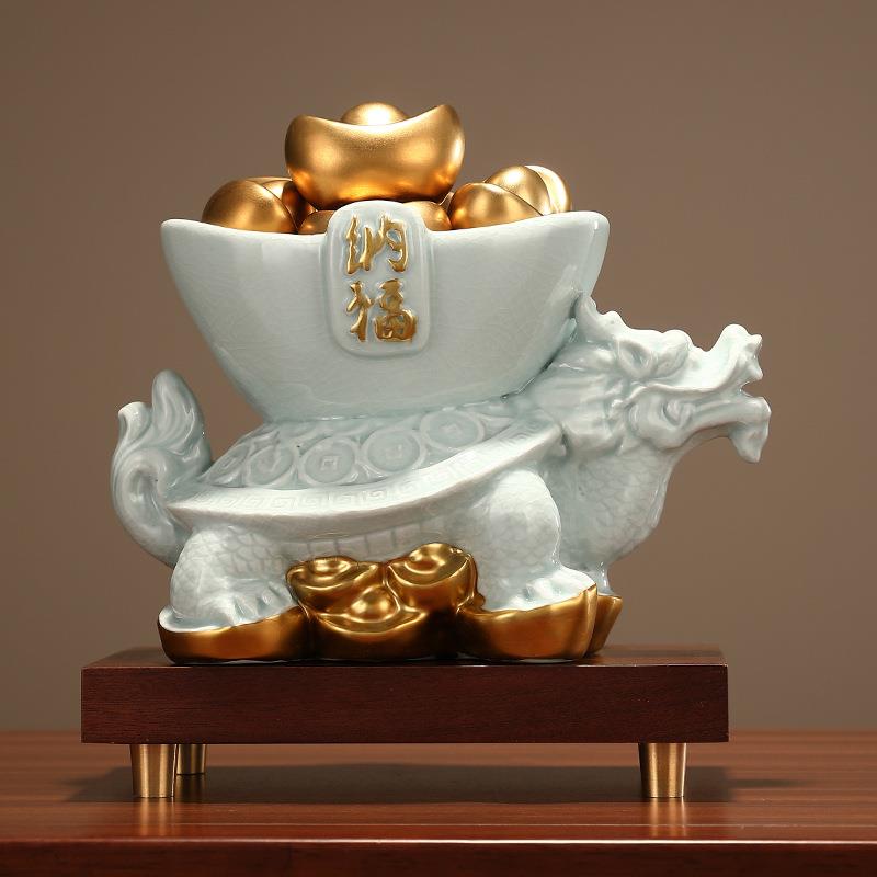 JY-022瓷聚宝盆龙龟件家居电视柜办公室博古摆架装饰陶关客厅现玄