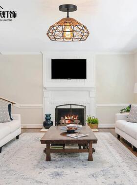 外销手藤工织藤编条吸顶灯复古YVB美式简编约过道玄关入户灯厂中