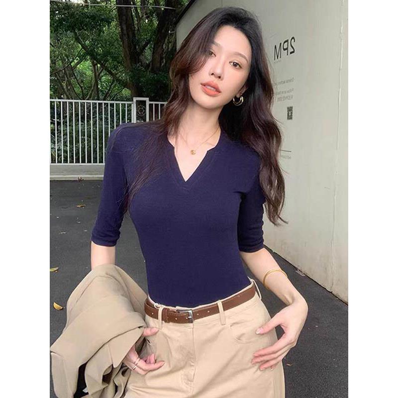 SPYB韩版藏蓝色V领中袖正肩t恤女春秋季新款修身显瘦短袖内搭上衣
