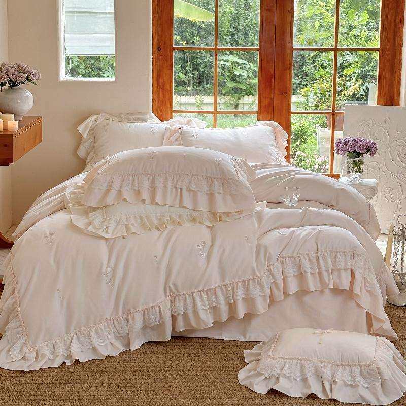 120支全棉贡缎磨毛植物花卉刺绣纯棉床上用品四件套荷叶边圆角床