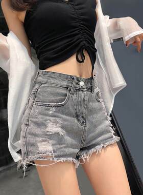 2026夏高腰宽松复古灰色显瘦薄款毛边热裤破洞牛仔超短裤女ins潮