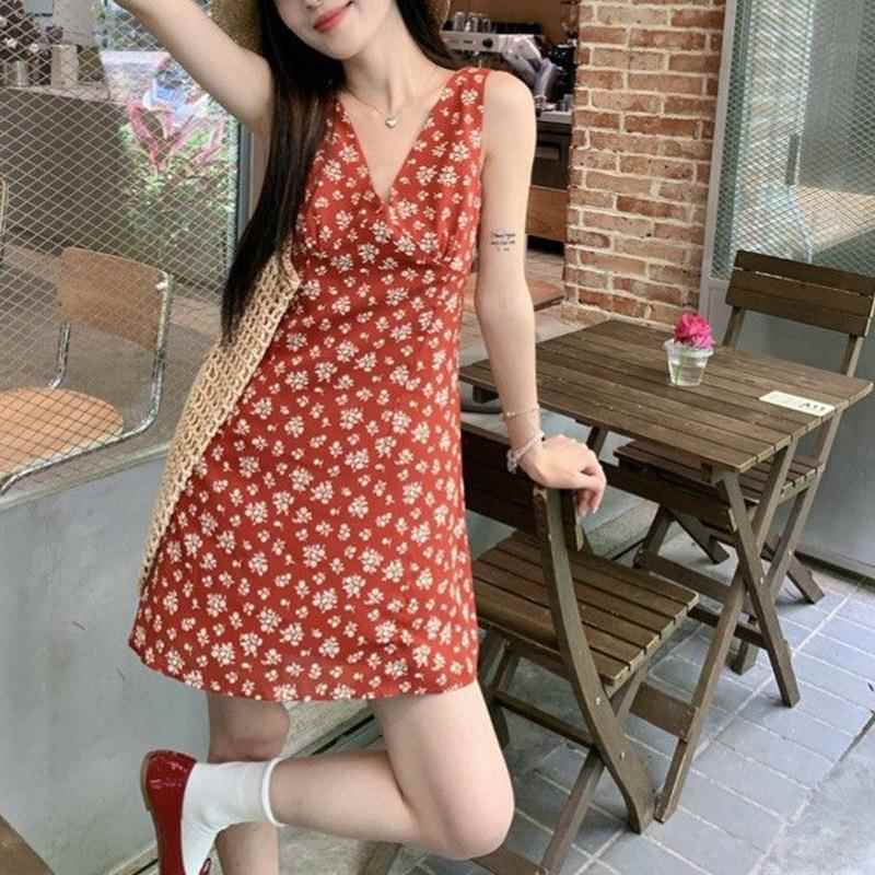 简遇luck品质女装红色复古碎花吊带连衣裙女夏季新款纯欲法式气质