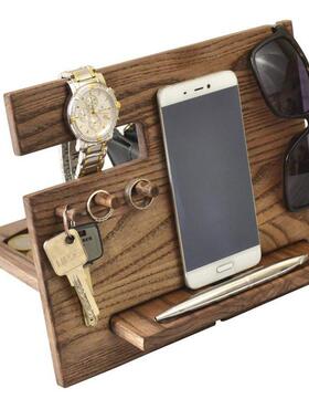 创意懒人实木手机底座 多功能可挂手表眼镜钥匙饰品桌面收纳支架