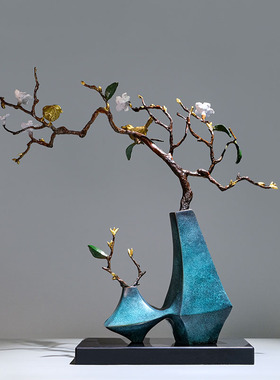 Lareey摆件客厅全黄铜艺术品摆设创意新花艺中式博古架工艺品礼品