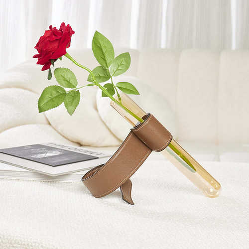 现代轻奢皮革玻璃斜立花器客厅样板间售楼部玄关酒店桌面软装饰品