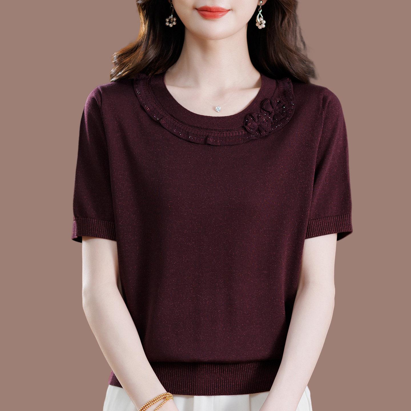 高档桑蚕丝短袖T恤女2026新款夏季圆领木耳边针织衫减龄气质上衣