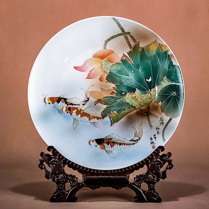 荷塘秋色陶瓷赏盘省大师黄艳手绘瓷盘家居装饰陈列高端摆件送支架