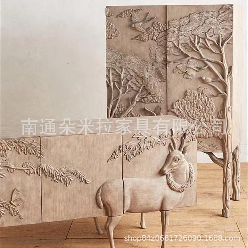 法式复古轻奢时尚艺术雕花餐边柜美式麋鹿树叶实木展示柜玄关柜