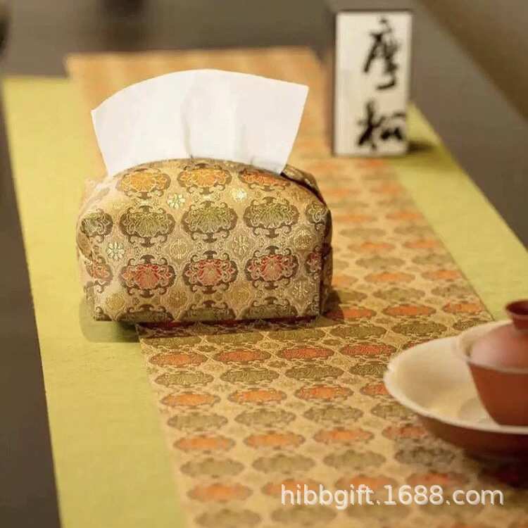 知舍新品金编如意莲纹茶席套装复古中式茶桌台布双面禅意布艺桌旗