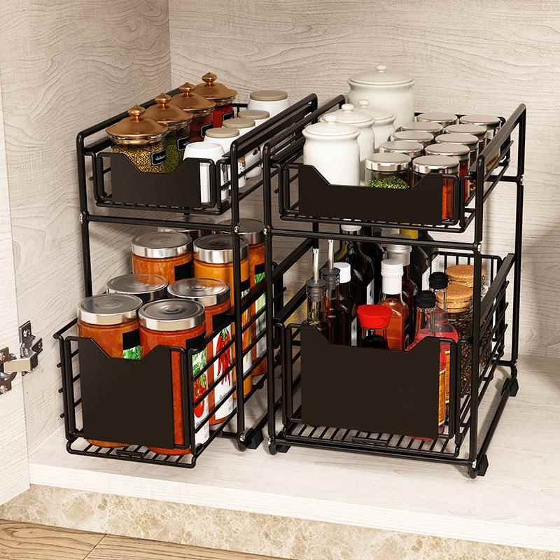 厨房下水槽置物架抽屉式铁艺储物架落地式推拉篮分隔调味料整理架