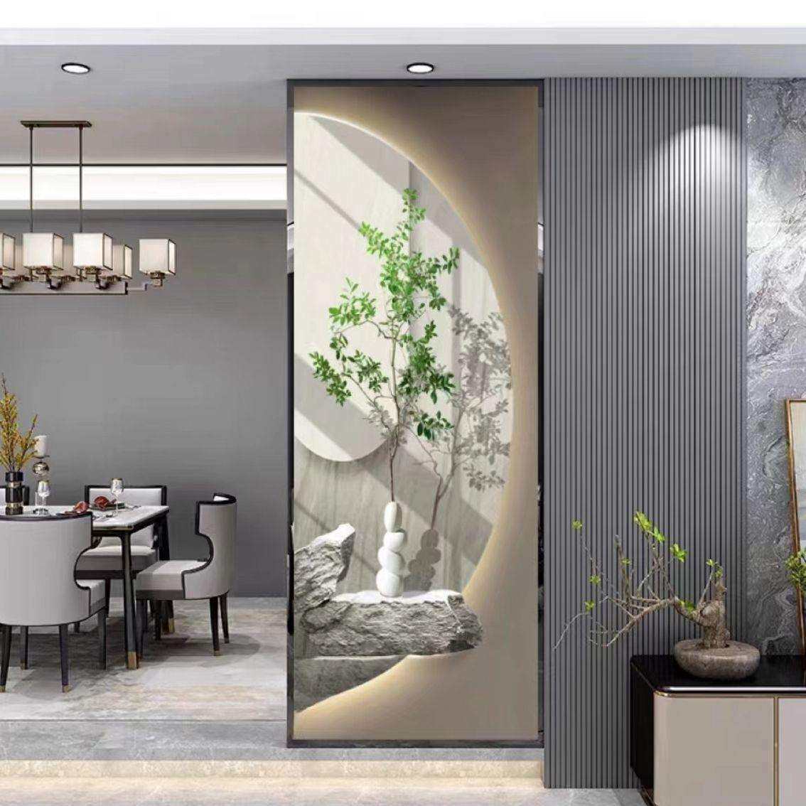 中式屏风入户玄关客厅餐厅玄关画干湿洗手台半墙隔断过道艺术玻璃