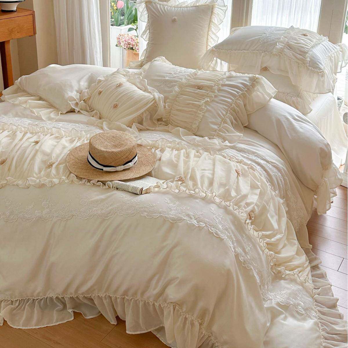 法式夏季凉感双面兰精天丝四件套浪漫花卉印花被套荷叶边床单床品