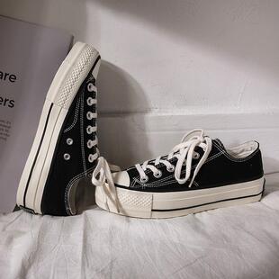 学生百搭春季 韩版 小黑鞋 女板鞋 厚底帆布鞋 低帮潮鞋 女增高2026新款