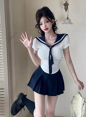 海军领性感收腰制服短袖白恤高腰裙美容院工作服技师女减龄