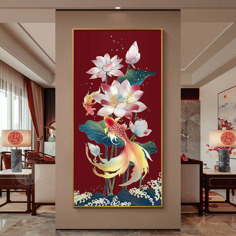 荷花锦鲤玄关装饰画入户正对门壁画中式好寓意背景墙走廊过道挂画