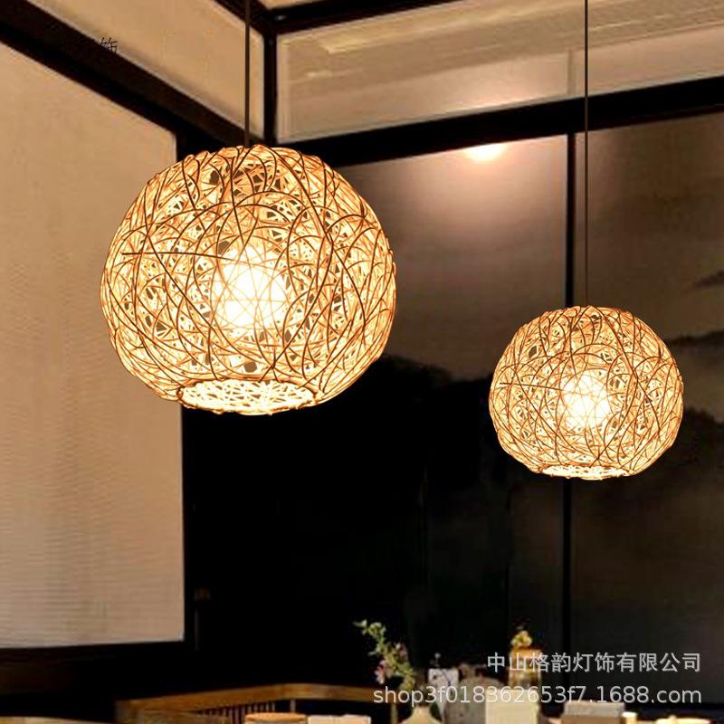 南亚餐厅饭店茶楼头单意藤艺小吊灯947中式餐东馆创鸟巢手工编织