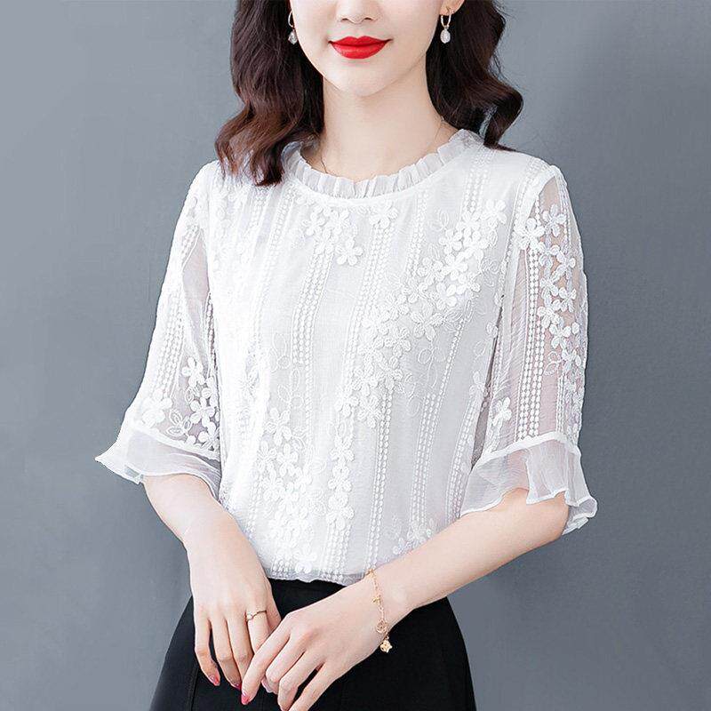 潮牌2026夏季衬衫女高级感雪纺衫短袖喇叭袖时尚衬衣蕾丝t恤上衣