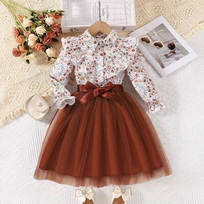 Girls Floral Print Ruffle Collar Bubble Sleeve Dress Mesh