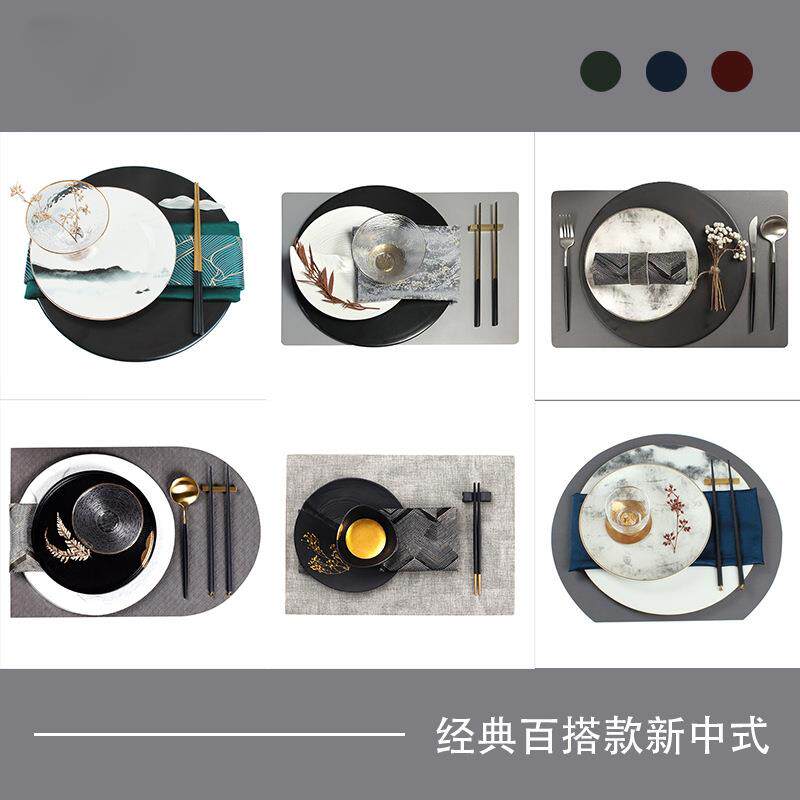 新中式样板房间餐具套装摆台软装饰品餐桌摆件简约灰墨绿色餐盘