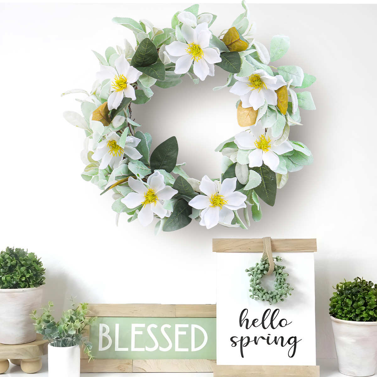 玉兰花枯枝花环春季仿真花藤圈家居装饰门挂花圈庭院墙壁挂