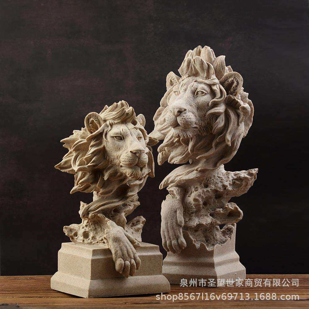 美式仿铜狮子头像复古动物树脂工艺品摆件玄关办公室酒柜软装装饰
