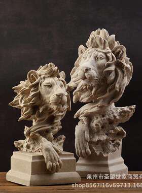 式狮子头摆美仿铜狮子头像复古动物树脂工办品摆件玄关公室酒艺柜