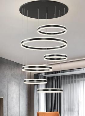 黑色吊灯约现代圆环38灯吊灯复式楼ft轻奢楼梯间别墅客厅简l艺术o
