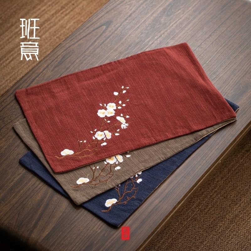 手工制作棉麻茶席刺绣腊梅布艺禅意桌旗茶垫复古台式茶道配件包邮