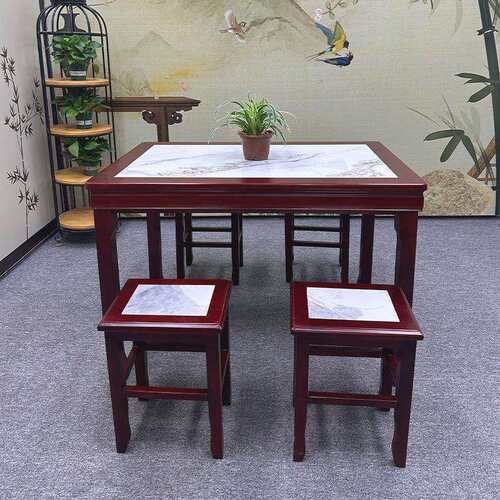 仿古实木面馆早餐小吃店桌椅快餐桌大理石圆形商用饭店方桌子组合