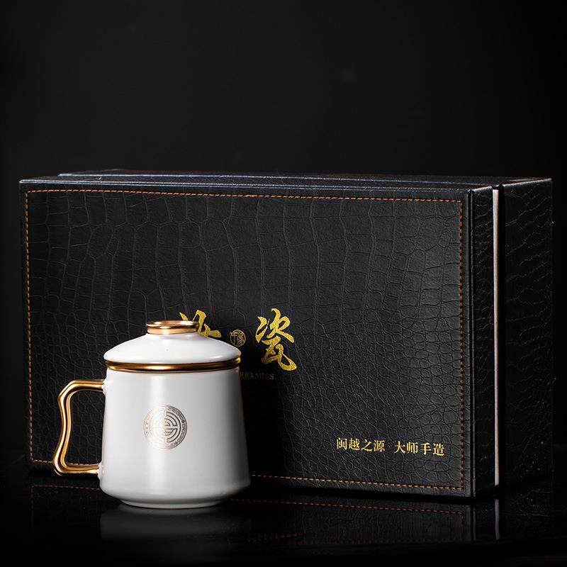 白玉汝瓷五福临门办公杯带盖茶水分离过滤杯大容量陶瓷杯泡茶杯