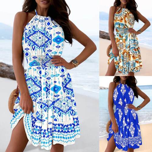 Blue and white geometric floral print neck hanging dress