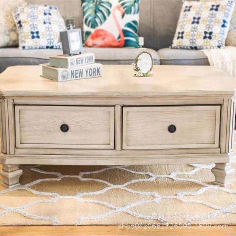 美式乡村实木橡木茶几现代简约法式复古做旧别墅储物柜