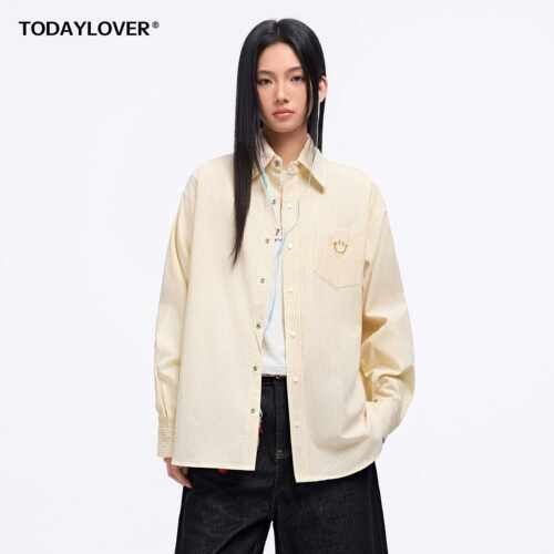 TODAYLOVER条纹长袖衬衫女春季潮牌新款笑脸宽松刺绣休闲衬衣外套
