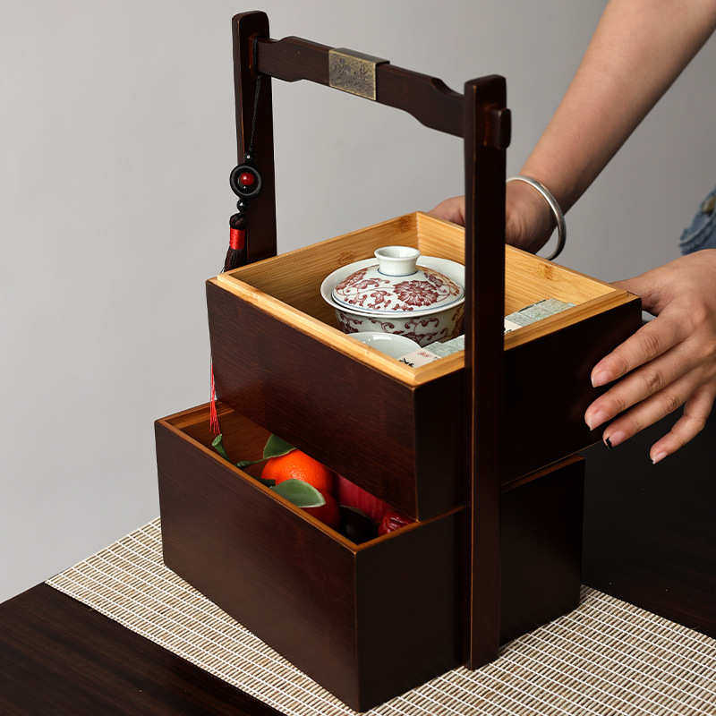 竹制覆古中式食盒手提篮提梁盒茶具收纳盒茶点干果盘大容量便携式,餐饮具,茶具礼盒,淘宝优惠券,粉丝福利购,淘宝优惠卷