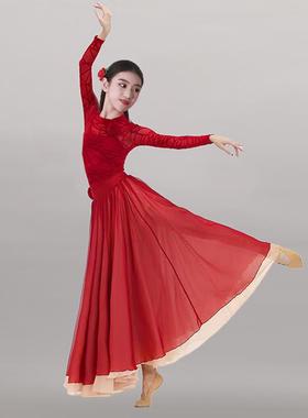 高档儿古典舞蹈服金晨同童款卜艺卦演摆出服红色万疆双层大裙表演