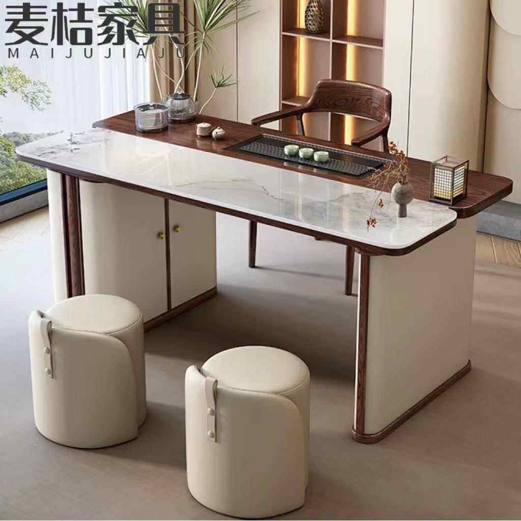 实木岩板办公室茶桌椅组合轻奢长方形简约亮光岩板茶台阳台小茶桌
