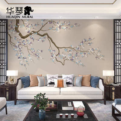 新中式梅花墙纸高档会所餐厅包厢电视背景墙壁纸定制壁画墙布壁布