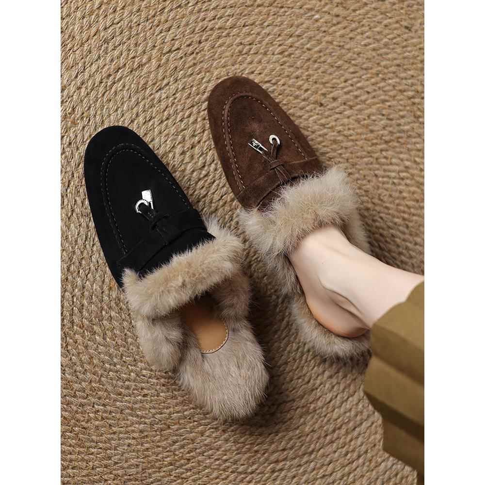 兔毛真皮粗跟毛毛拖鞋女外穿冬季磨砂羊皮加绒中跟包头半拖穆勒鞋