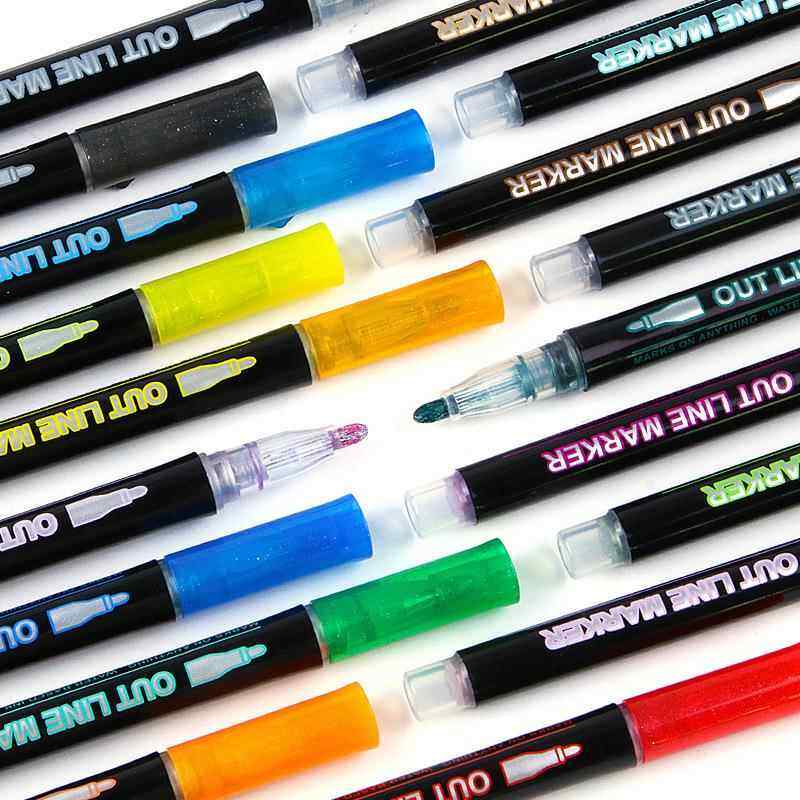 双线轮廓笔 彩色梦幻金属12色套装 手账荧光笔贺卡笔儿童画笔DIY