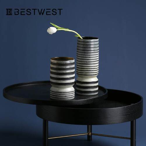 Best west 新中式横条纹彩绘玻璃花瓶花器软装饰品插花瓶桌面摆件