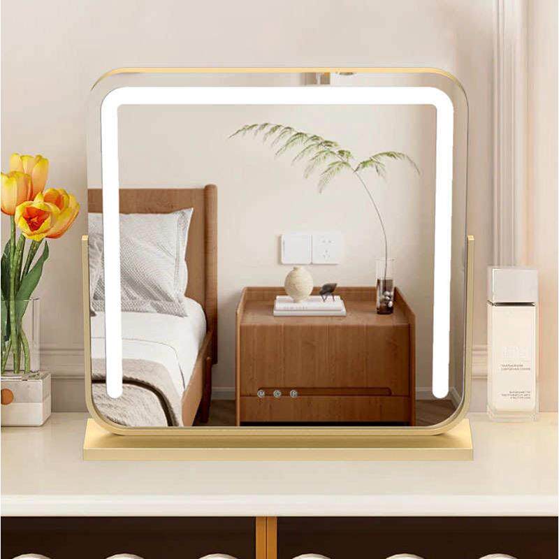 led妆桌面化妆镜方形妆卧室插电镜款梳妆镜美镜镜子灯补光带台式