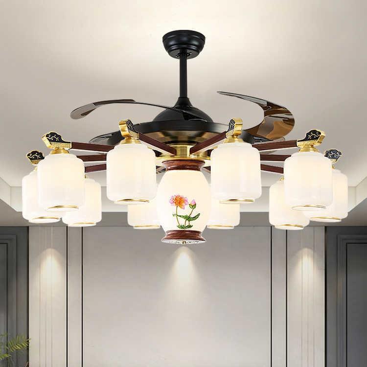 全铜卧室电扇灯新中式风扇灯 实木隐形餐厅客厅吊灯吊扇一体带