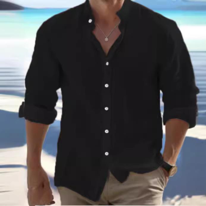 Mens Wear Linen Sleeve Button-Down Stand Beach Everyday