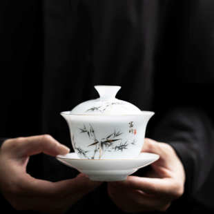 德化高档冰种白瓷三才盖碗简约功夫茶具陶瓷大号单个泡茶家用茶室