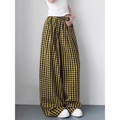 香港黄色格子阔腿裤女夏薄款2025新款慵懒松弛感弯刀裤亚麻山本裤