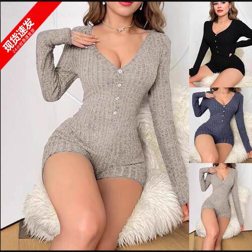 Front Button Ribbed Knit Casual Solid Color Home Jumpsuit