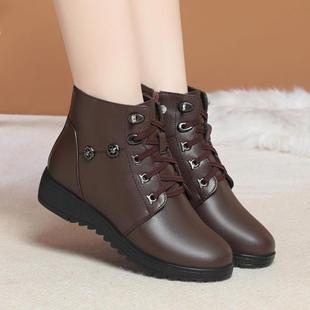 高档真皮妈妈棉鞋软鞋底防滑中老年人羊毛皮保暖短奶奶厚鞋秋冬大