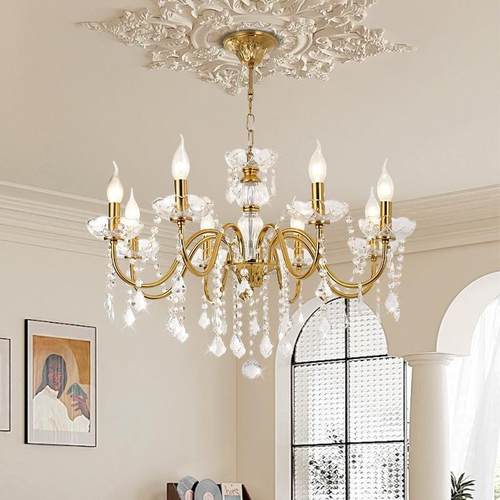 法式蜡烛水晶奢灯轻768珍珠璃色多头金宫廷家用餐厅房间卧玻室吊